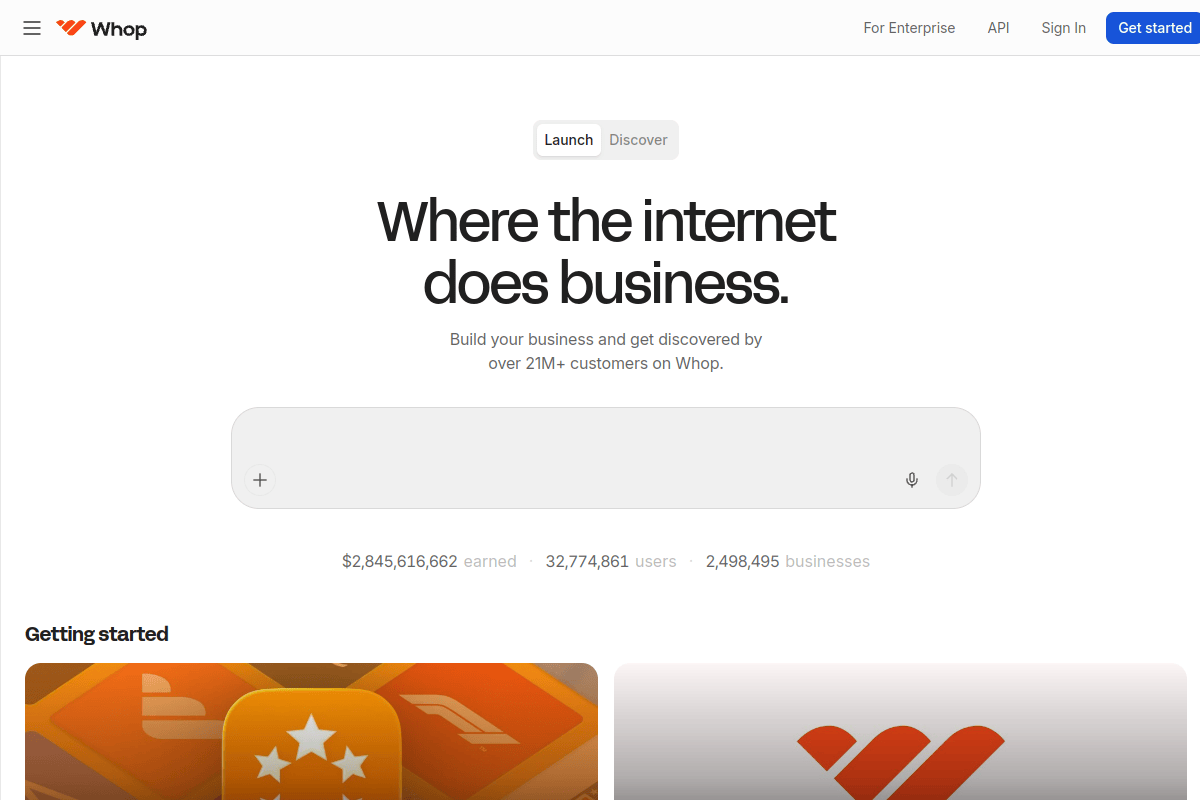 Whop homepage showing community gating, subscription management, and digital product selling features