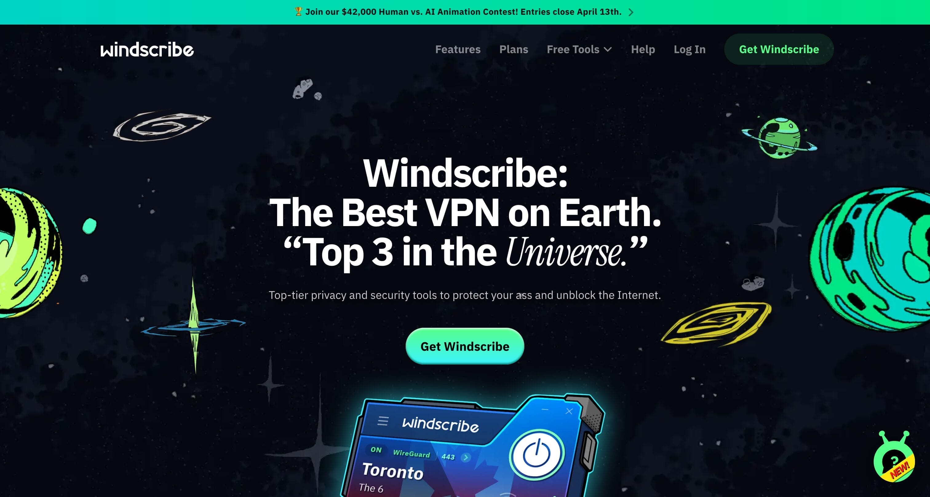 Windscribe VPN homepage showing free VPN with 10GB monthly data and servers in 10+ countries