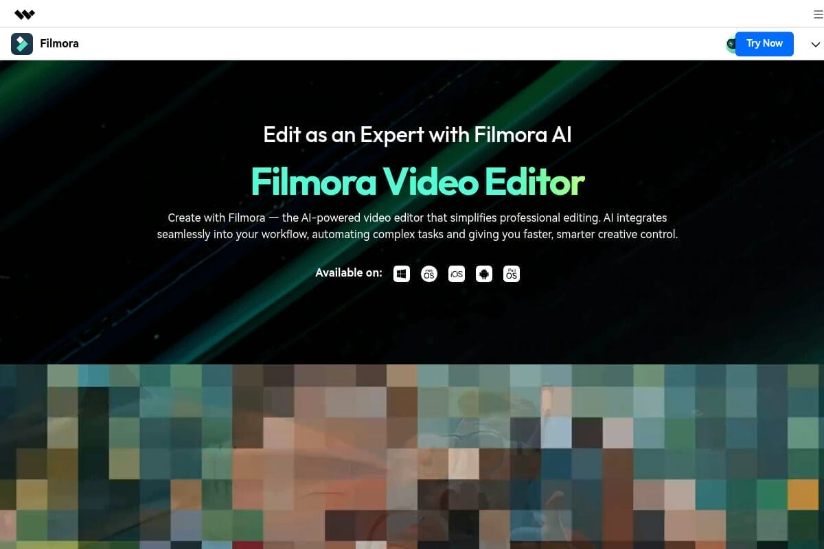 Wondershare Filmora homepage showing AI-powered video editing features including Smart Short Clips and Auto Caption