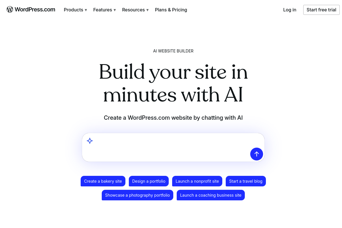 WordPress.com AI website builder prompt interface for creating business websites quickly