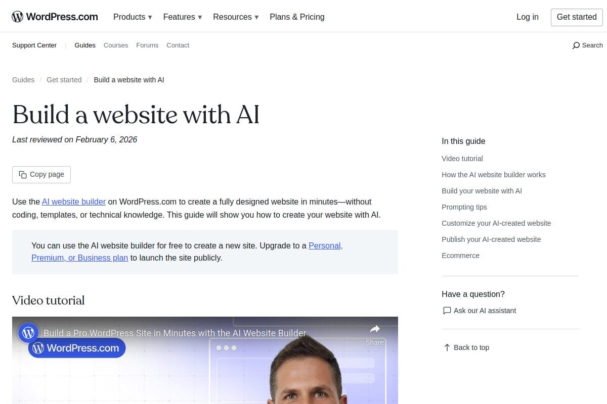 WordPress.com AI website builder support guide showing step-by-step instructions