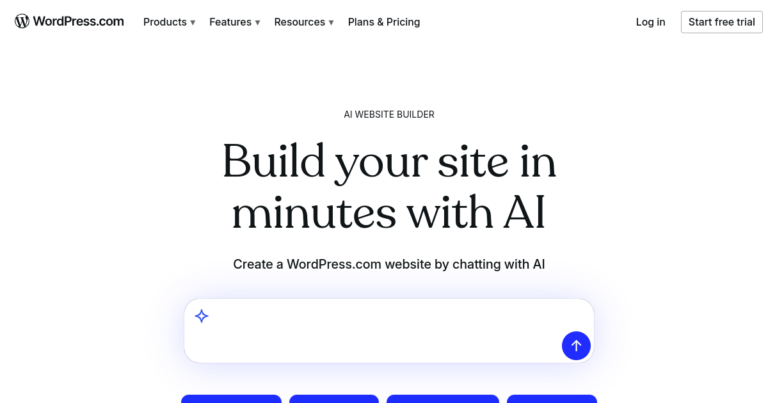 WordPress.com AI website builder landing page showing Build your site in minutes with AI headline and prompt input box