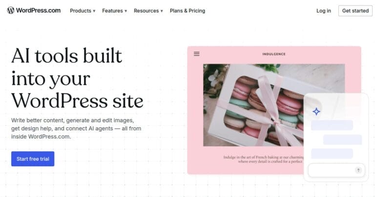 WordPress.com AI features page showing AI website builder and AI assistant capabilities for creating and managing WordPress sites