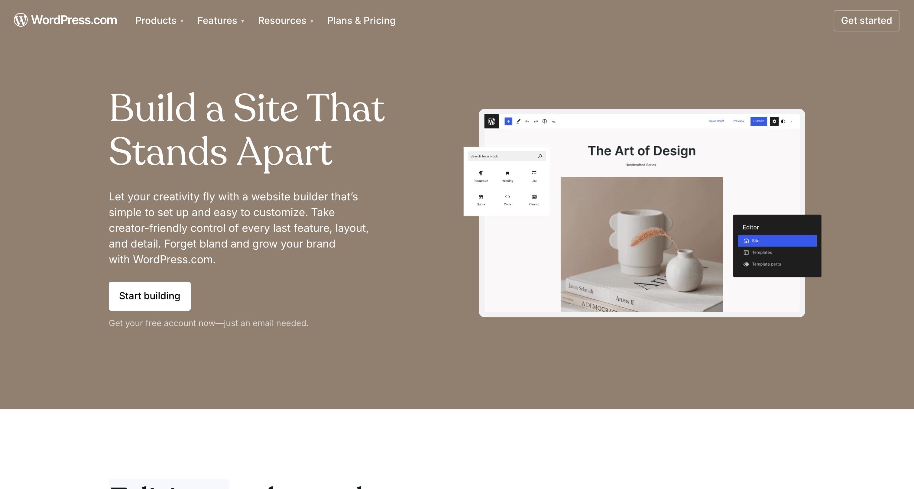 WordPress.com website builder page showing Build a Site That Stands Apart headline with drag-and-drop editor preview and design customization interface