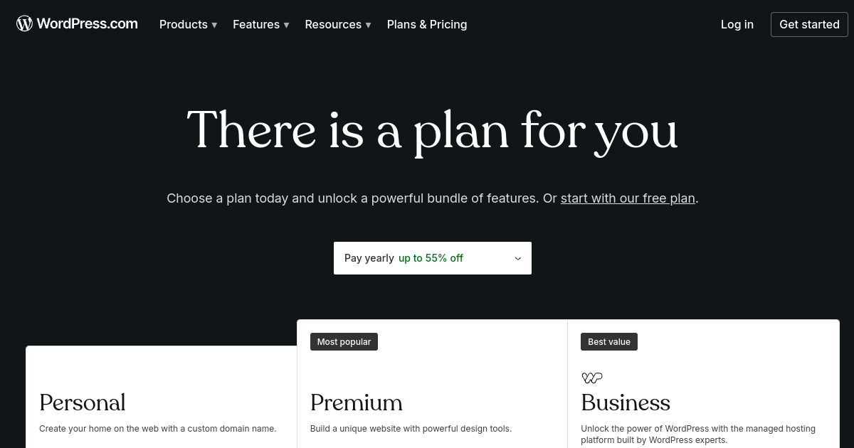 WordPress.com pricing plans page showing Personal, Premium, Business, and Commerce plan tiers with monthly pricing