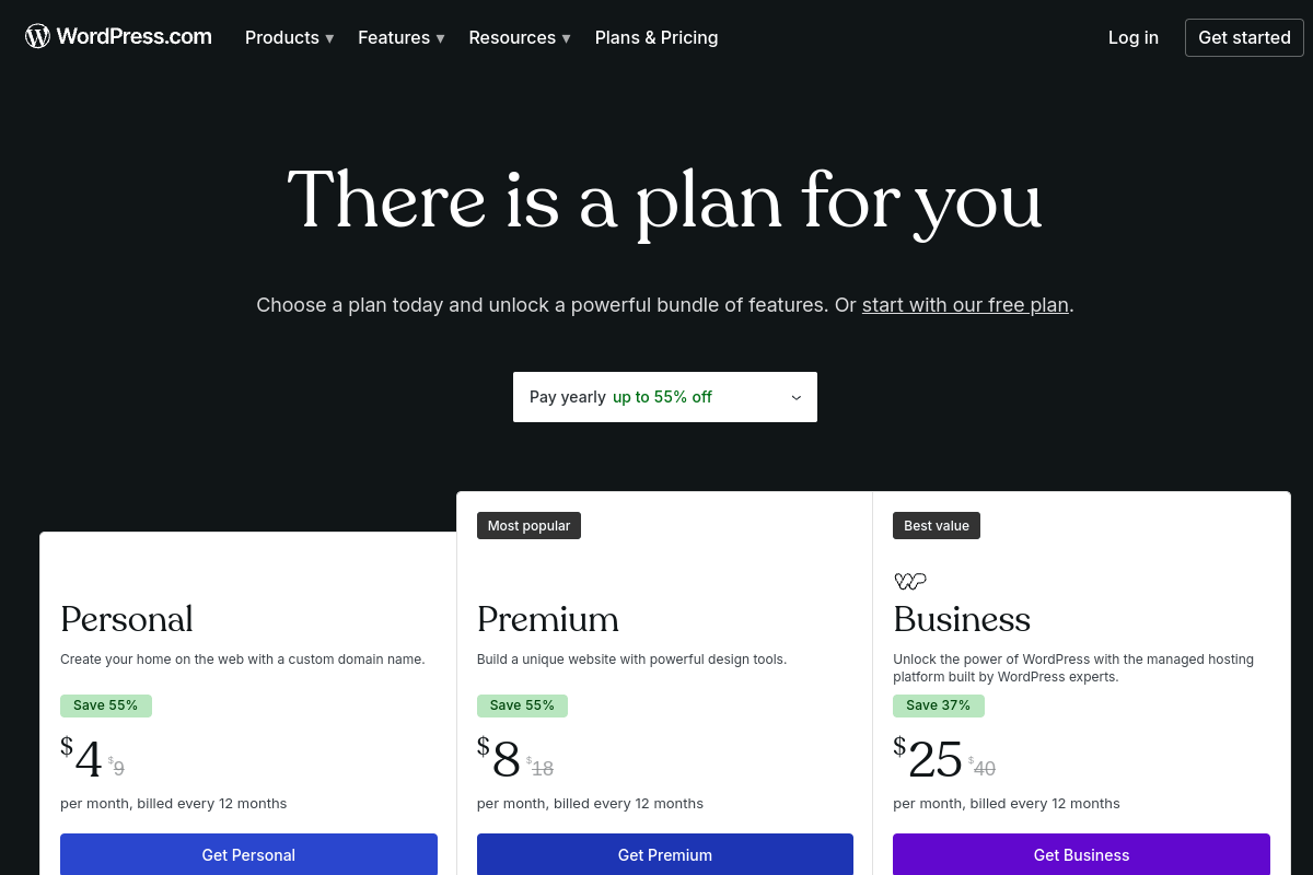 WordPress.com pricing page showing Personal, Premium, Business, and Commerce plan costs for 2026