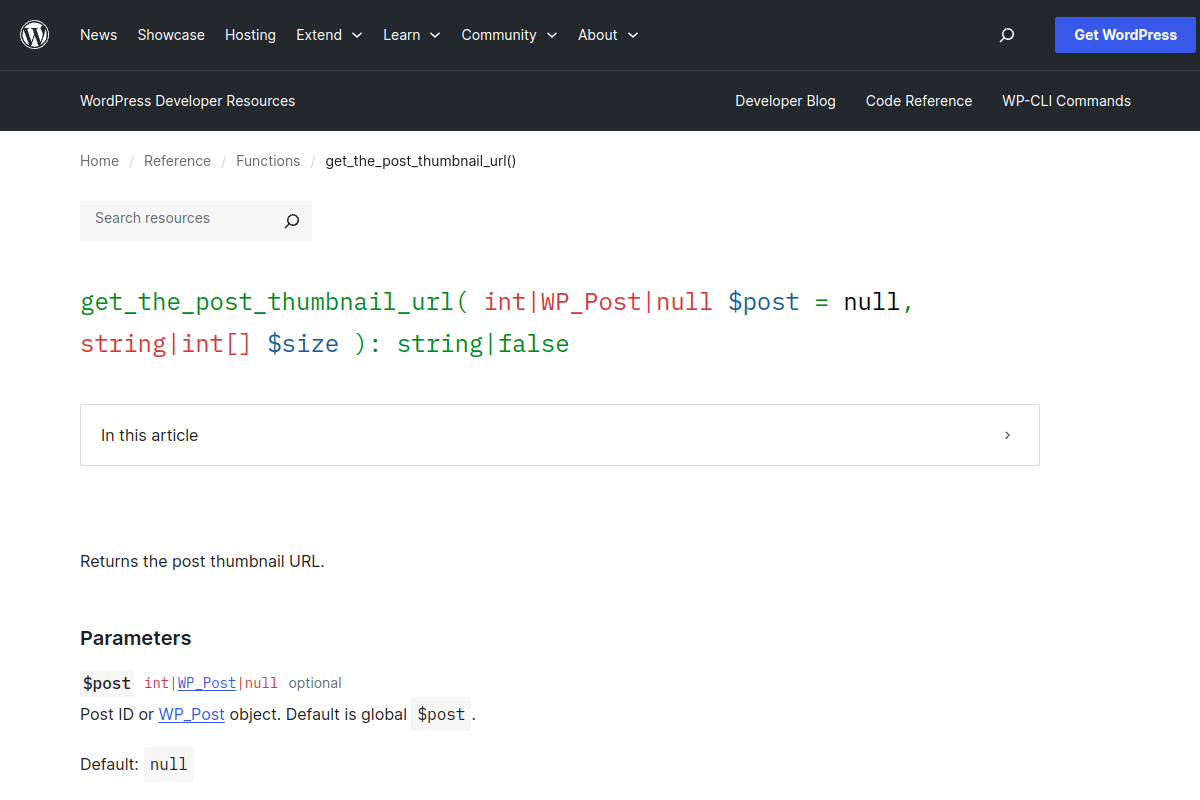 WordPress developer reference page showing the get_the_post_thumbnail_url() function documentation with parameters, return values, and code examples