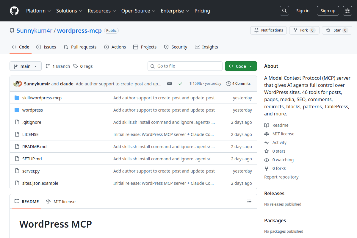 WordPress MCP GitHub repository showing the project structure, README, and description — a Model Context Protocol server with 46 tools for AI-powered WordPress management