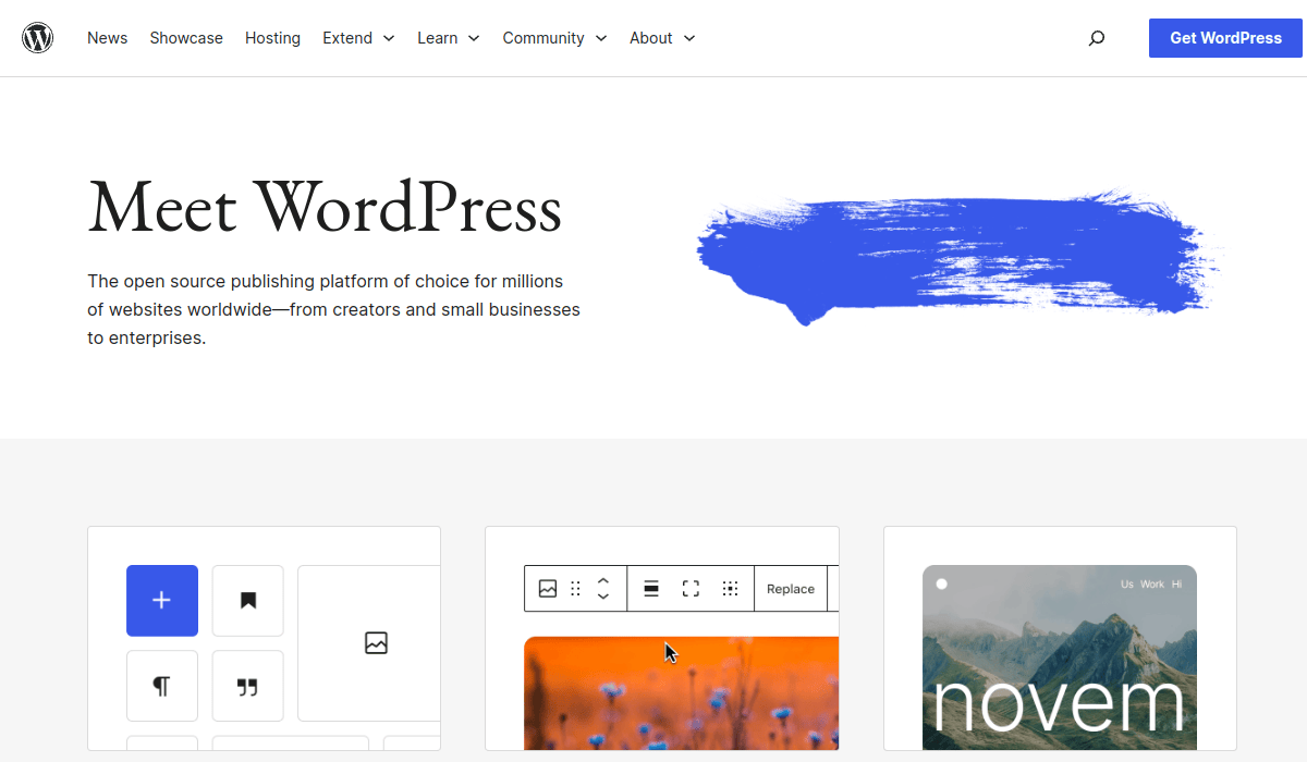 WordPress.org homepage showing the open-source blogging platform used by 43% of all websites, the recommended platform for starting a fashion blog