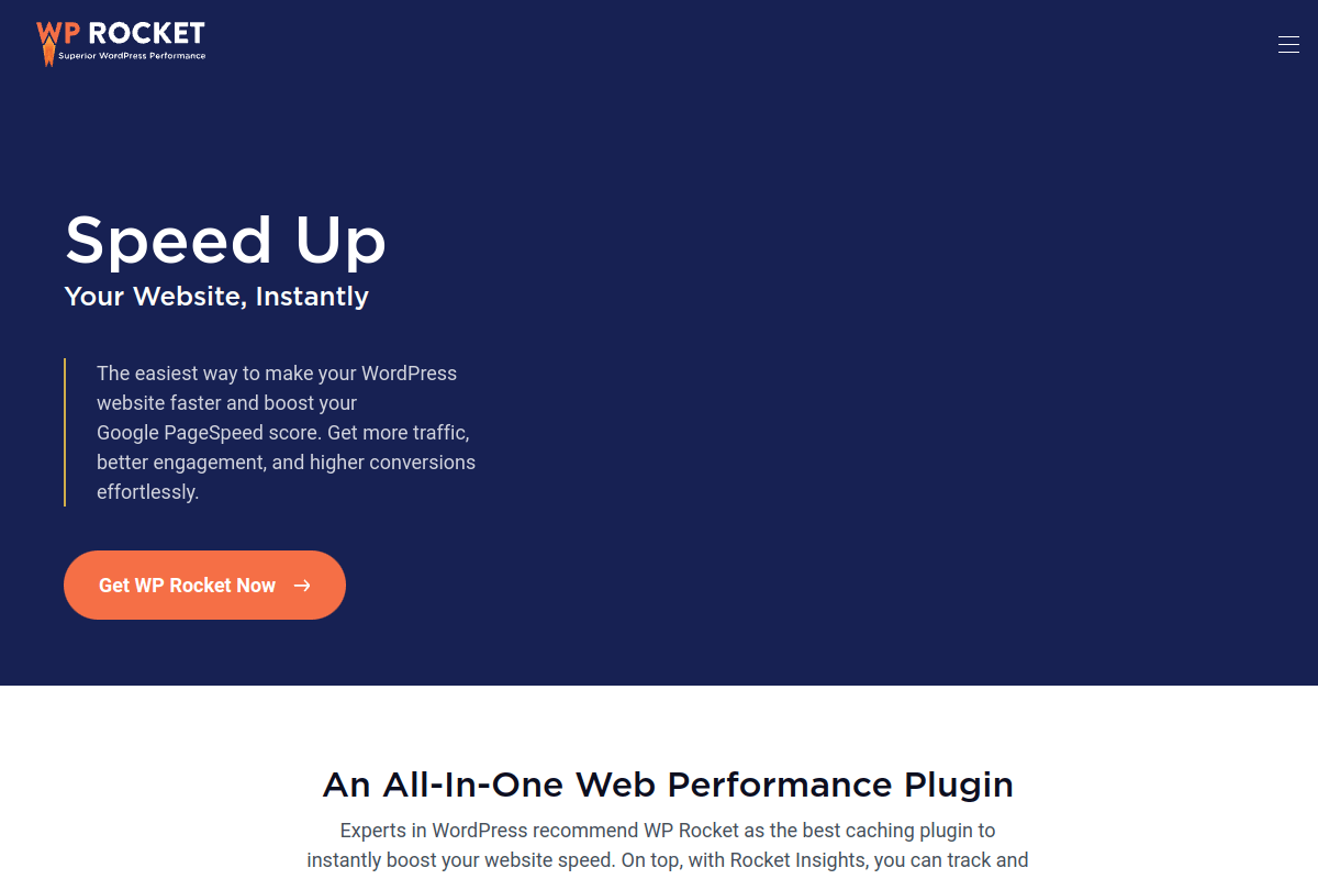 WP Rocket caching plugin homepage showing all-in-one WordPress performance optimization features including caching, minification, and lazy loading