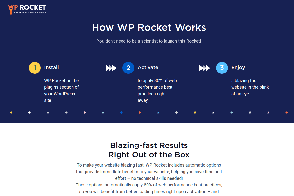 WP Rocket features page showing caching, file optimization, media optimization, preloading, and database cleanup capabilities