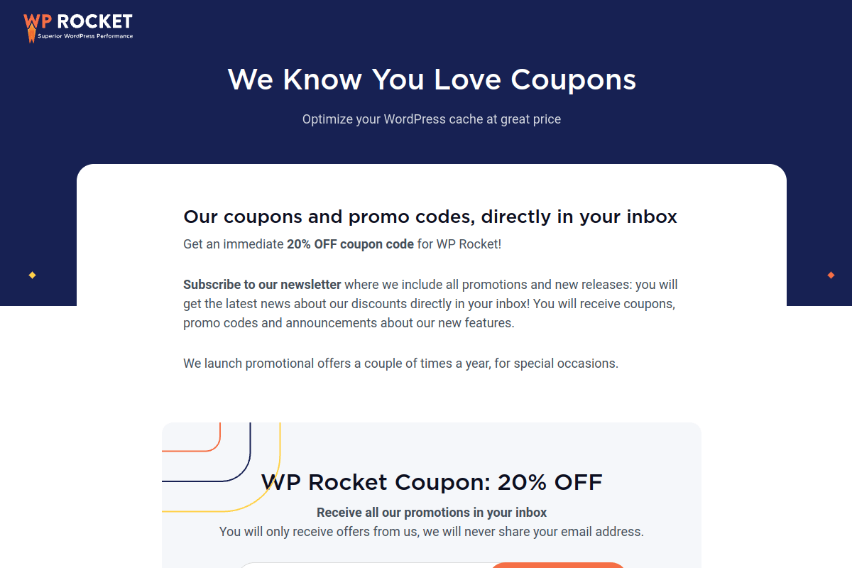 WP Rocket official coupons page showing newsletter signup for 20% discount and seasonal sale schedule