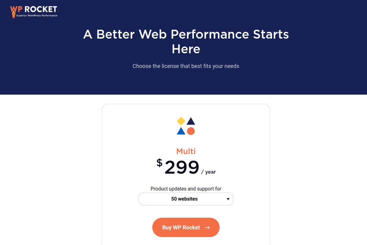 WP Rocket pricing plans showing Single ($59/year), Plus ($119/year), and Multi ($299/year) options with all features included