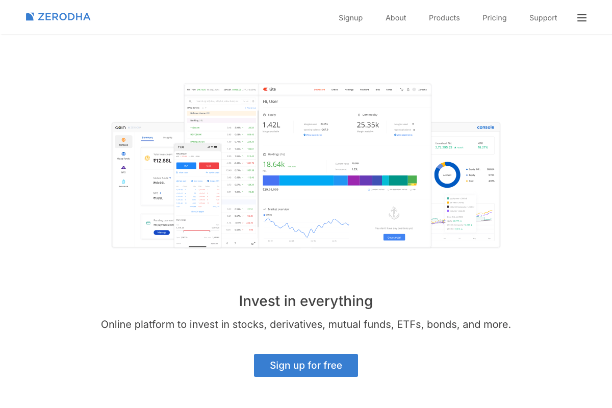 Zerodha homepage showing India's largest discount stockbroker with Kite trading dashboard and zero brokerage