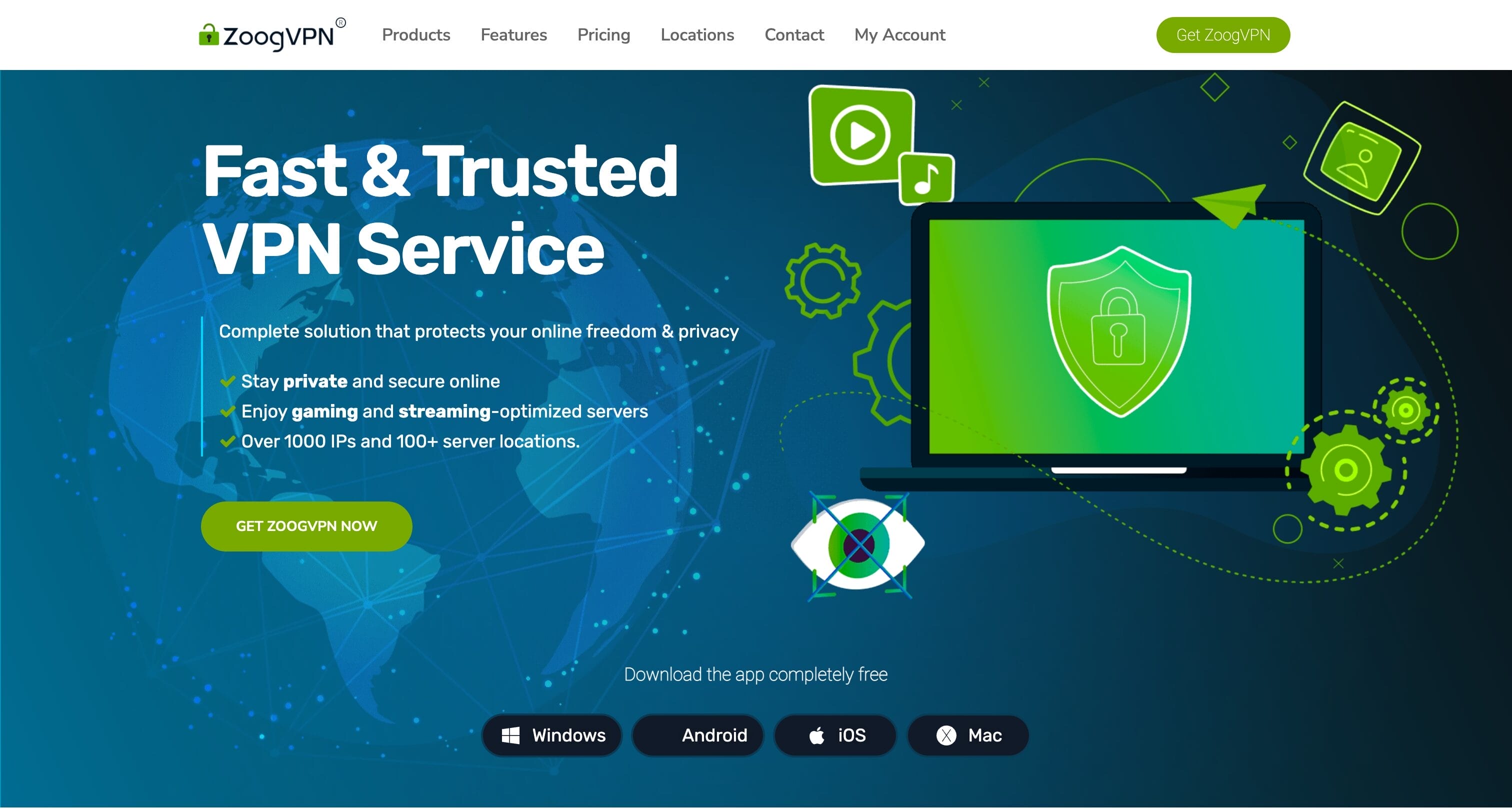 ZoogVPN homepage showing free VPN service with servers in multiple countries and strict no-logs policy