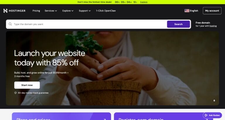 Hostinger homepage showing 85 percent off deal with website launch promotion starting at $1.99 per month