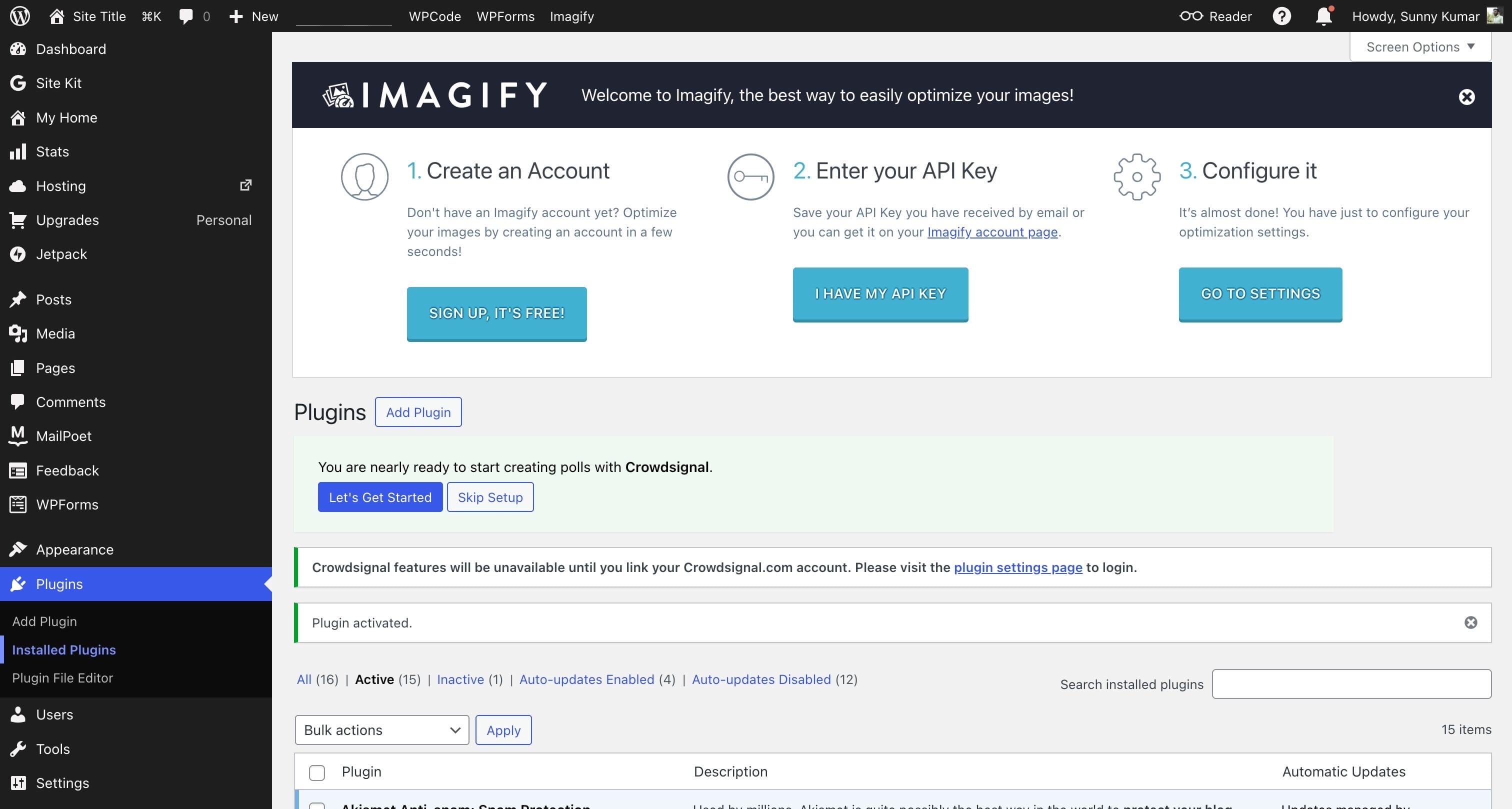 WordPress.com installed plugins page showing 16 total plugins including Rank Math SEO, WPForms, Site Kit, MailPoet, WPCode, and Imagify all active on Personal plan