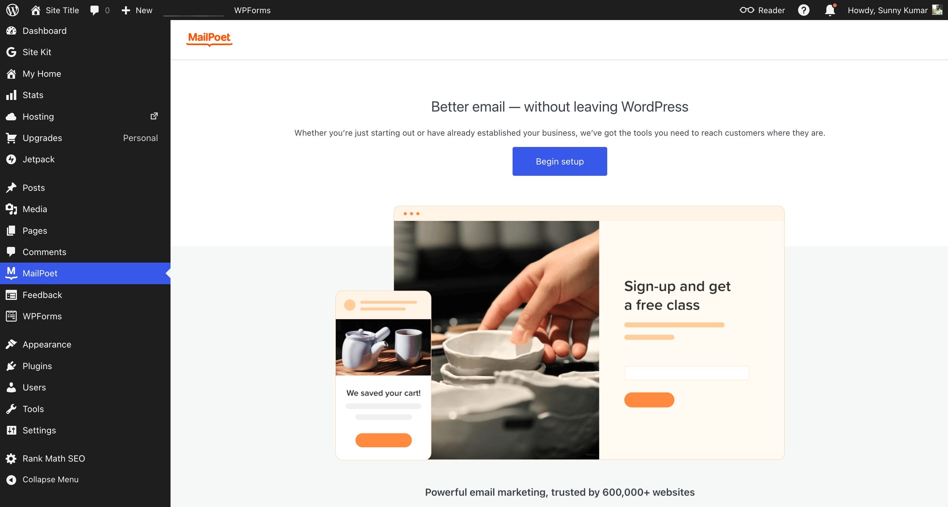 MailPoet welcome page showing Better email without leaving WordPress with Begin setup button