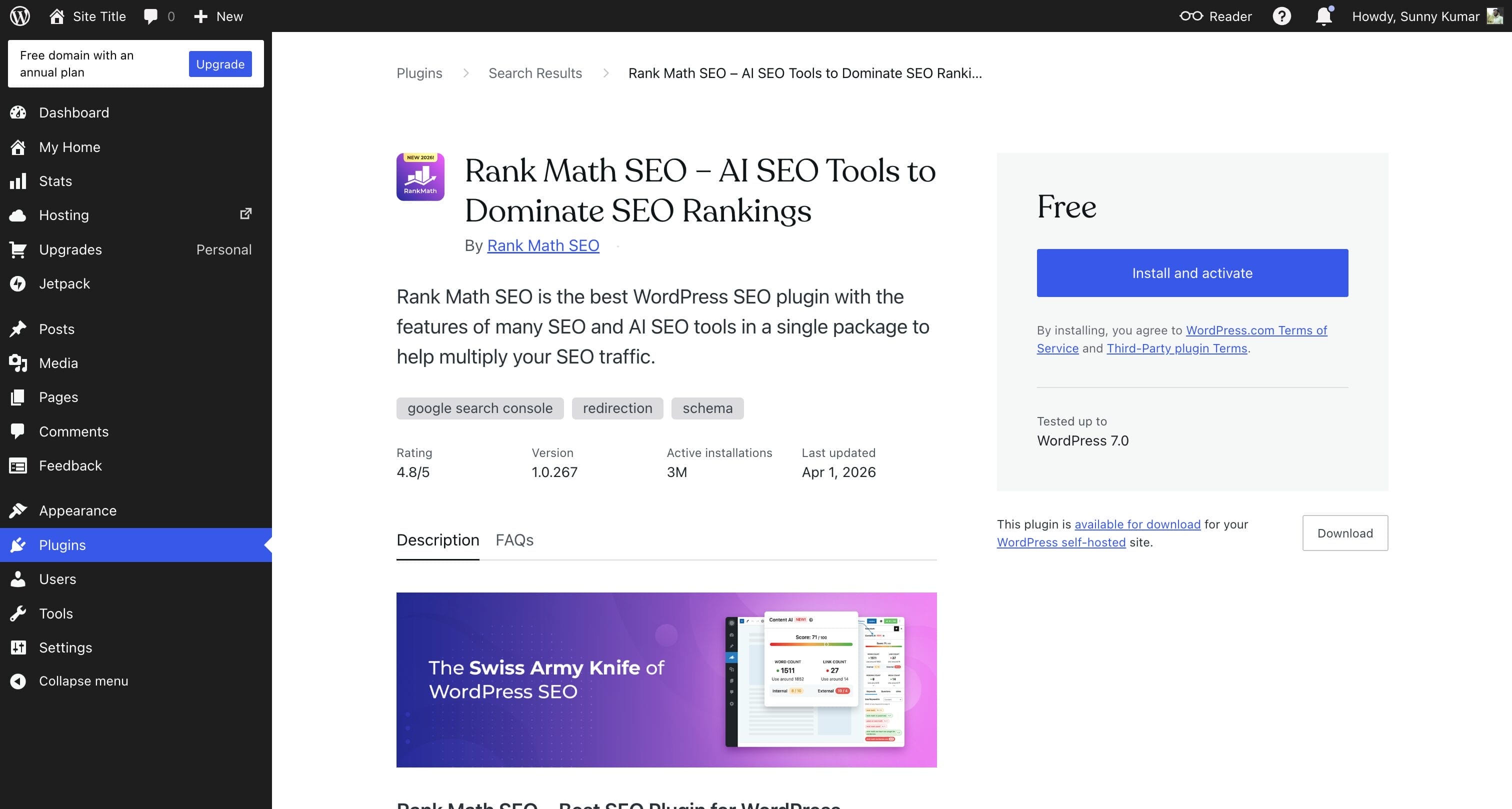 Rank Math SEO plugin detail page on WordPress.com showing Free price, Install and activate button, 4.8 rating, and 3M active installations