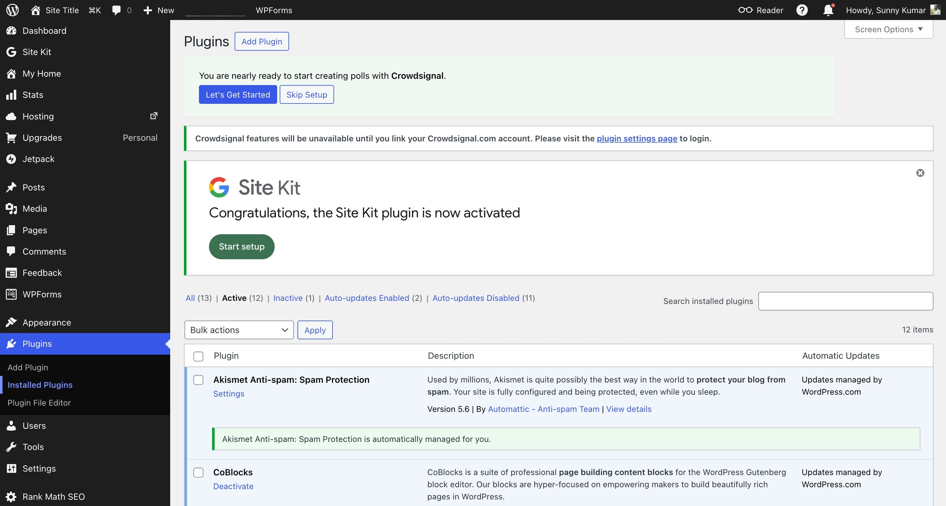 Site Kit by Google congratulations page showing plugin activated with Start setup button on WordPress.com Personal plan