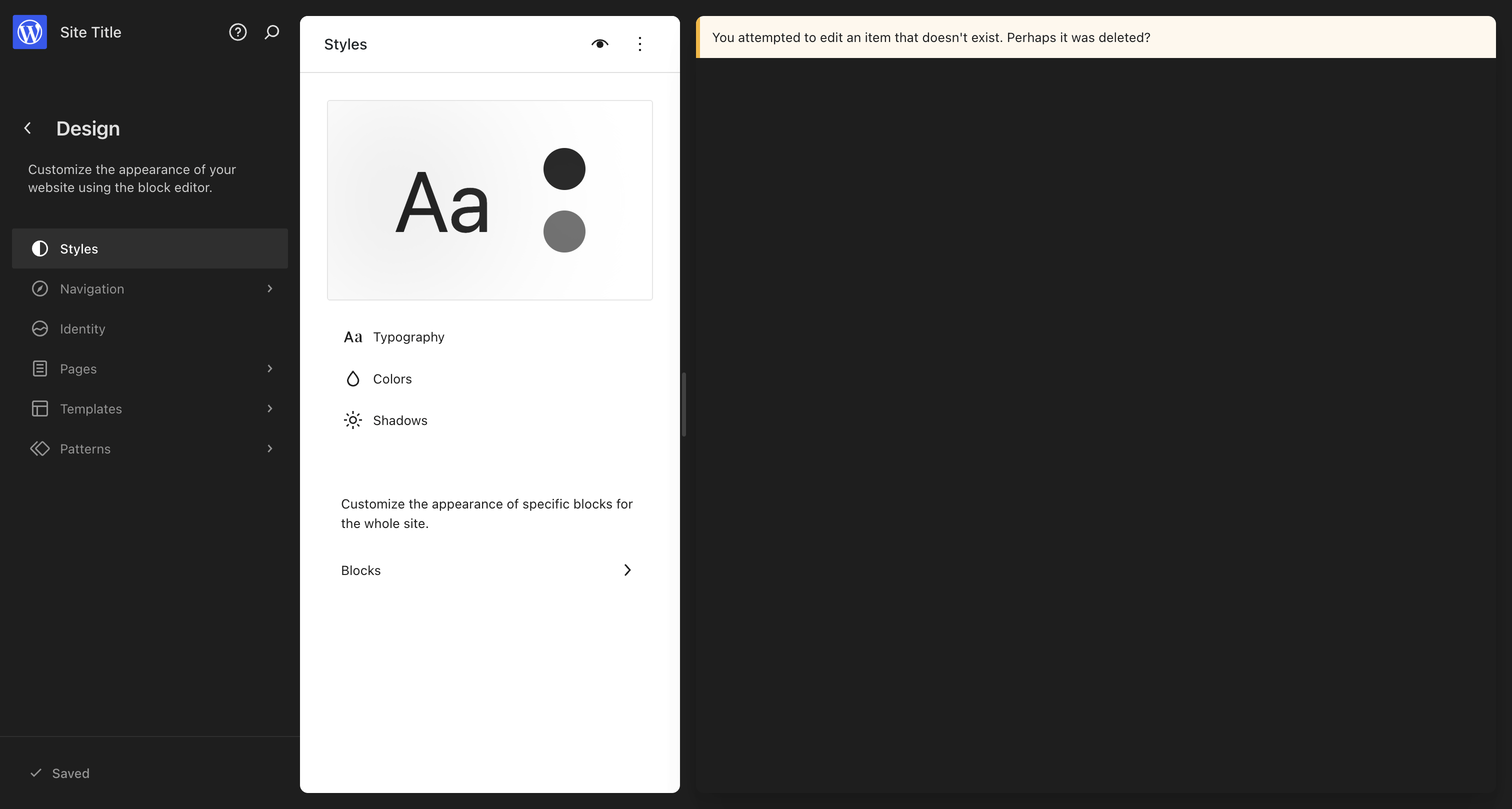 WordPress.com Styles panel showing Typography, Colors, Shadows, and Blocks options
