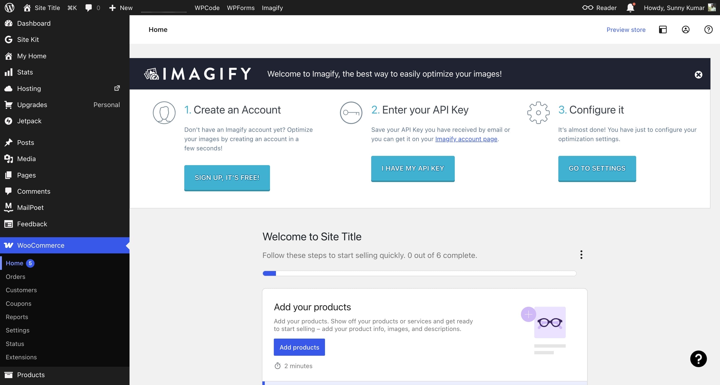 WooCommerce Home dashboard on WordPress.com showing Store Activity, Stats overview, and Store management sections with Add products, Payments, Tax, and Shipping links