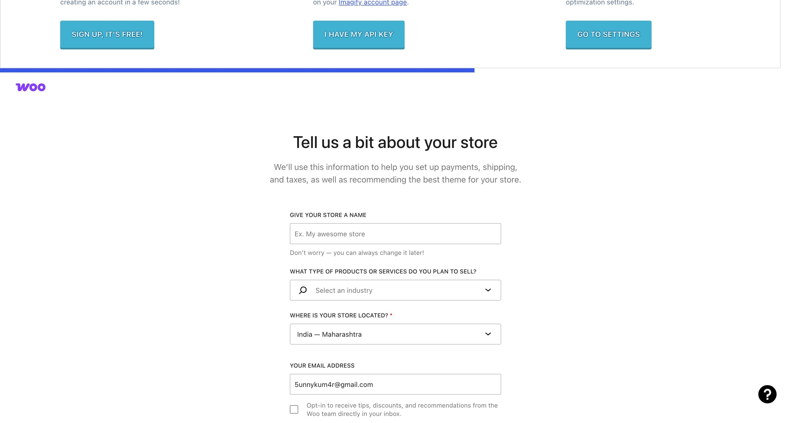 WooCommerce setup wizard asking for store name, industry, location, and email address