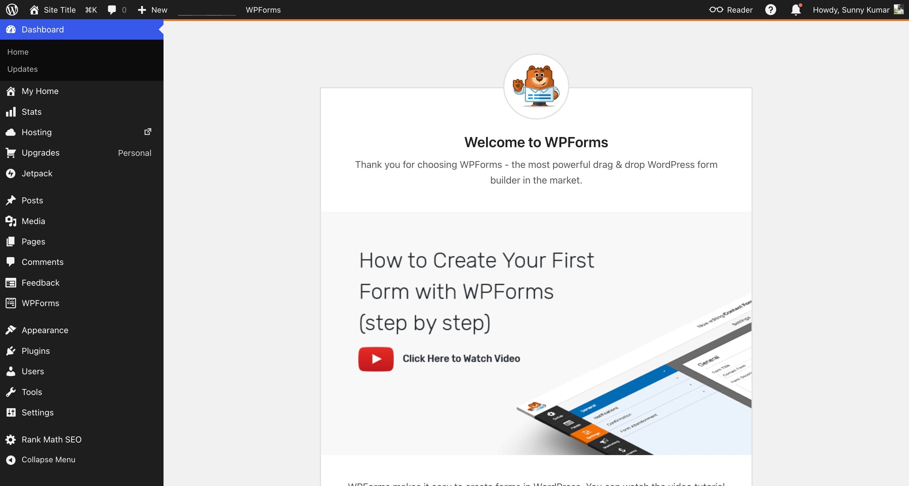 WPForms welcome page showing How to Create Your First Form with WPForms step by step guide