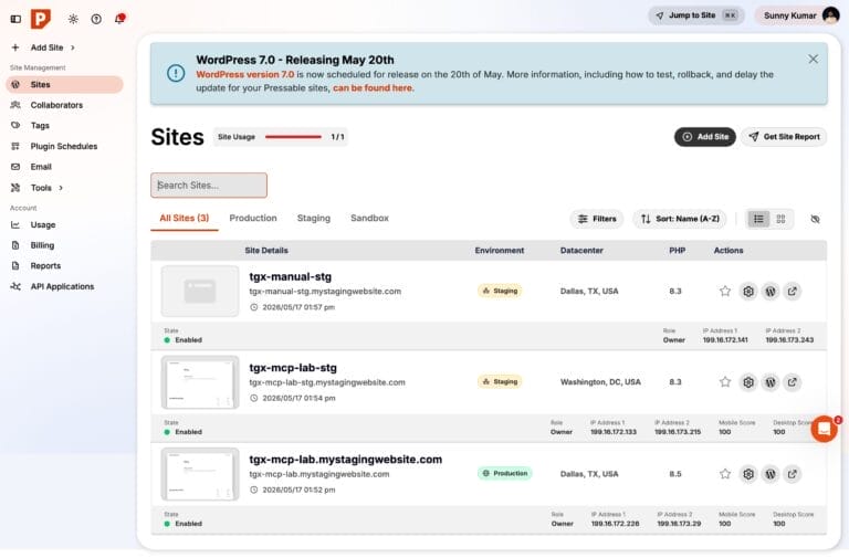Pressable MyPressable sites list showing one production site and two staging clones created during hands-on testing, with datacenter and PHP version columns