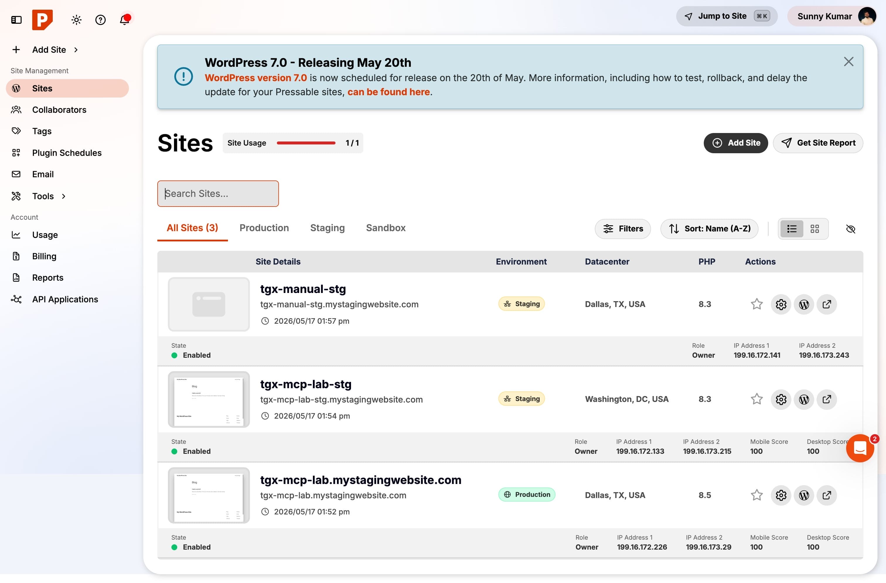 Pressable MyPressable sites list showing one production site and two staging clones created during hands-on testing, with datacenter and PHP version columns