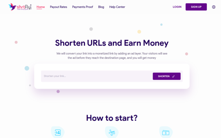 ShrtFly homepage showing free URL shortener tool with shorten button and earn up to $220 per 10000 views claim